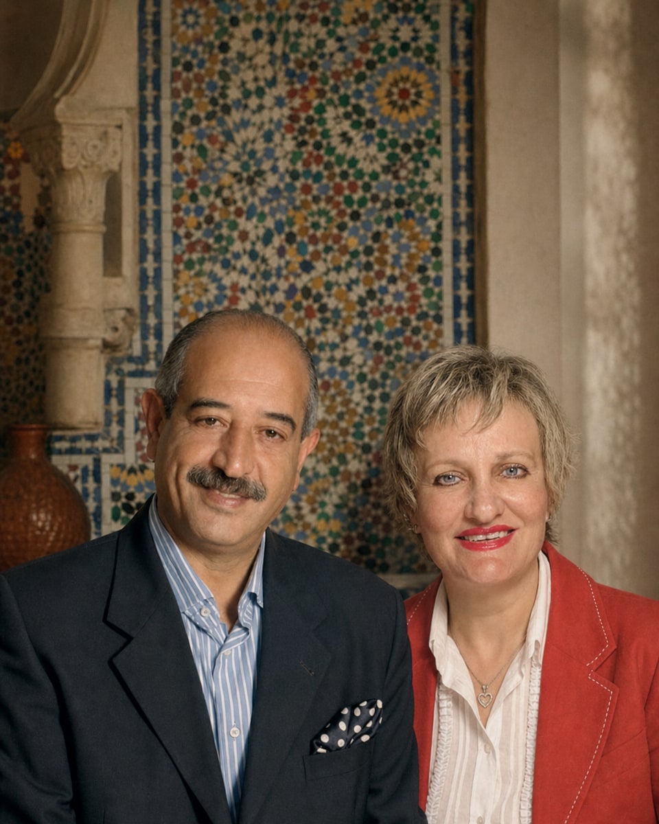 Portrait d'archive de Rachid El Guennouni et de son épouse, fondateurs du restaurant Dinarjat à Rabat